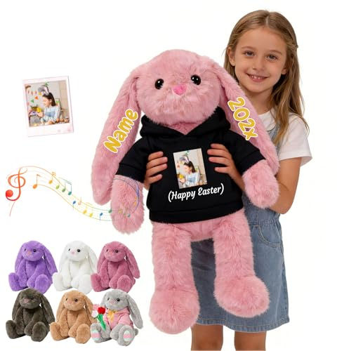 DRAJOIN Personalisierter Großer Plüschhase Mit Text Foto, 40cm Bis 65cm Maßgeschneidertes Großer Osterhase Plüschtier Hasen Stofftier Als Erste Ostergeschenke Für Jungen Mädchen Zu Ostern