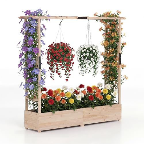 HOMASIS Blumenkasten mit 2 Rankgitter & Dachregal, Hochbeet mit Spalier, Holz Pflanzkasten für Kletterpflanz, Pflanzkübel Pflanzgefäß Rankhilfe für Garten Balkon Terrasse (Natur, 196x44x182cm)