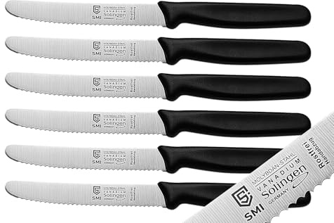 SMI 6-teiliges Frühstücksmesser Set Solingen Brötchenmesser Wellenschliff Tomatenmesser Küchenmesser Schwarz Made in Germany (6 Stück)