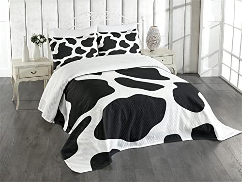 ABAKUHAUS Kuh-Druck Tagesdecke Set, Weiß Kuhfell Barn, Set mit Kissenbezügen Waschbar, für Einselbetten 170 x 220 cm, Weiß Blasser Schwarz