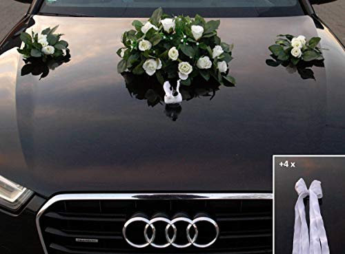 ECHTER ROSESTRAUSS Autoschmuck Braut Paar Rose Deko Tauben Herze Dekoration Hochzeit Car Auto Wedding Deko (Weiß+Tauben)
