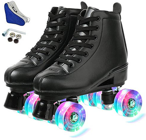 KALINU Damen Rollschuhe PU-Leder High-Top-Rollschuhe mit vier Rädern, glänzende Rollschuhe, für drinnen und draußen (schwarzer, runder Schuhbeutel, 37)
