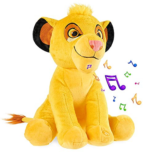 Disney Peluche Bebe - Grosse Peluche 28cm Stitch Le Roi Lion Simba Dumbo - Peluches Doudou avec Son - Jouet Premier Age - Cadeau Disney Fille Garcon (Jaune Simba)