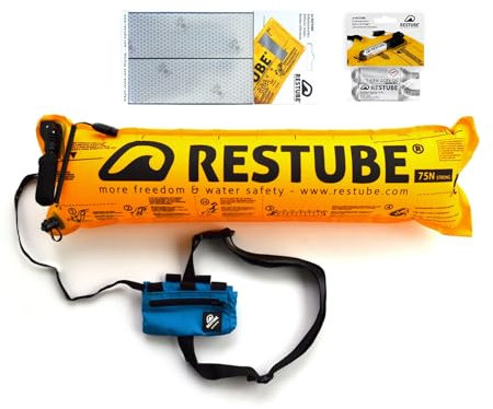 Restube Extreme Pack, Salvagente Sport Acquatici Estremi Gonfiabile a Grilletto per Nuotatori, Surfisti, Bagnini, con Boa Nuoto Acque Libere, Nastro Rifrangente, 2 Bombolette CO2 di Ricambio