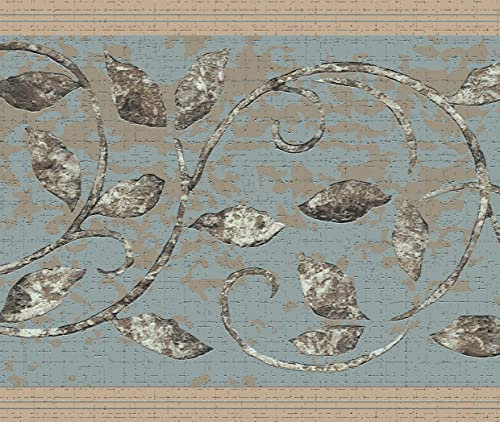 Dundee Deco DDAZBD9085 Peel and Stick Wallpaper Border - Damask Gold, Brown, Grey Scrolls, Leaves Wall Border Retro Design, 15 ft x 7 in (4.57m x 17.78cm), Self Adhesive