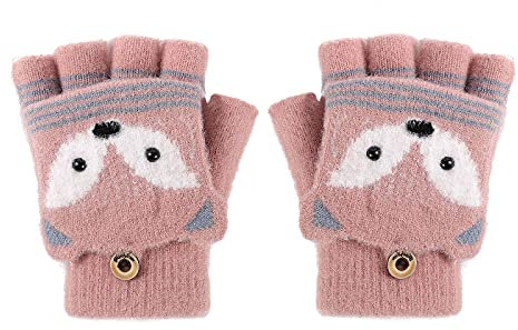 Fäustlinge mit Knopf Klappe Fingerlose Handschuhe für Kinder Kleinkinder Winter Warm Strickhandschuhe Plüschfutter Winterhandschuhe Herbst und Winter Fingerhandschuh Unisex (Fuchs-Pink)