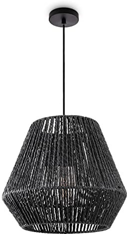 Paco Home Hängelampe Bambus Wohnzimmer Pendelleuchte Rattan Esstisch Esszimmer Lampe E27 Hängeleuchte Papier Boho, Farbe:Schwarz (Ø32cm), Leuchtenart/Farbe:Pendelleuchte - Schwarz