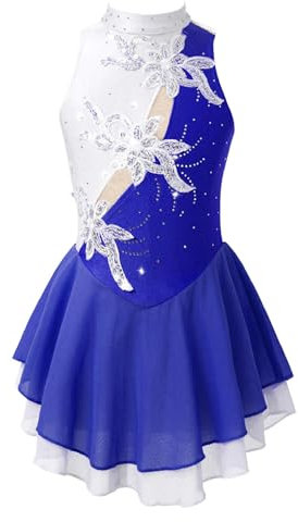 iEFiEL Mädchen Eiskunstlauf Kleid Glitzer Ballettkleid Ärmellos Ballettanzug Ballett Trikot Body mit Strass Wettbewerb Kostüm Gymnastikanzug Za Blau + Weiß 134-140