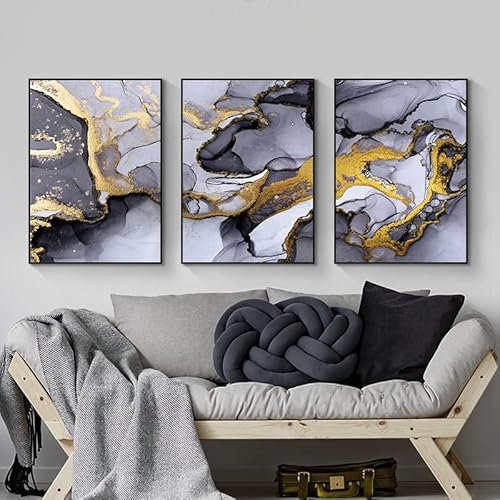 LYBOHO Wandbilder Wohnzimmer Grau Golden Fluid Art Marmor Textur Abstrakte Wandkunst Leinwand Bilder - Ohne Rahmen (Marmoriert 5, 3PCS-50x70cm)