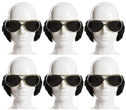 Adult King of Rock and Roll Zubehör Set - 6er Pack - Elvis Brille mit dunklen Gläsern und schwarzen Koteletten - 1960er Sonnenbrille und Side Burns Rock n Roll Blues Rock Star Elvis the King
