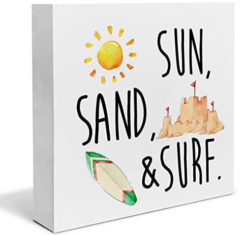 Sonne Sand und Surf Holz Box Schild Schreibtisch Dekor Strand Urlaub Holzblock Schild Dekor für Zuhause Wohnzimmer Strand Haus Regal Wand