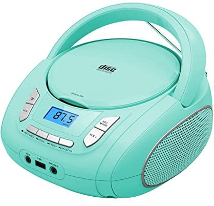 Reproductor de CD portátil Boombox con Bluetooth, Radio FM, reproducción USB, Entrada AUX, Conector para Auriculares, Compatible con CD-R/RW y CD MP3 (Verde Boombox)