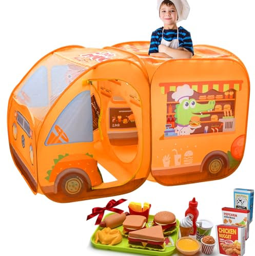 Kqpoinw Pop up Spielzelt,Kinderzelt mit Spielen Lebensmittel,Essenswagen Spielzelt für Drinnen und Draußen,ab 3 Jahre(135 x 80 x 60 cm)