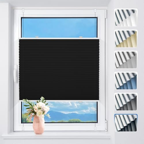 Plissee ohne Bohren Verdunkelung Thermo Plissees Klemmfix Schwarz B45 x H120 cm - Verdunklungsplissee Plisseerollo Blickdicht & Sichtschutz für Fenster & Tür
