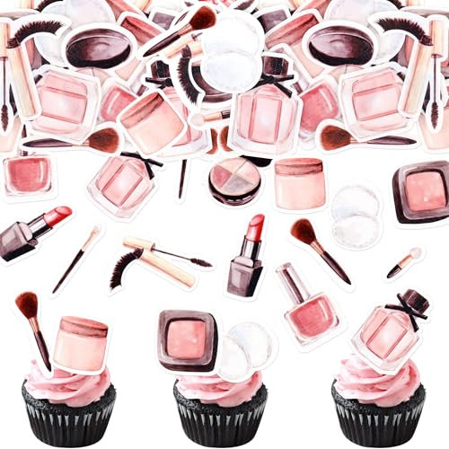 44Pcs Edible Makeup Cake Toppers Edible Cosmetics Lipstick Perfume Bottle Eye Shadow Blush Makeup Cake Decorations for Bridal Shower Bachelorette Girl Women Party Makeup Themed Birthday Party Supplies