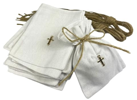CREATI’L Lot de 25 Pochettes en Tissu Blanc avec Croix + Ficelle– Sachets à Dragées, Cadeaux Invités Baptême, Communion, Mariage – Contenant Bijoux, Bonbons, Souvenirs – Élégant et Réutilisable
