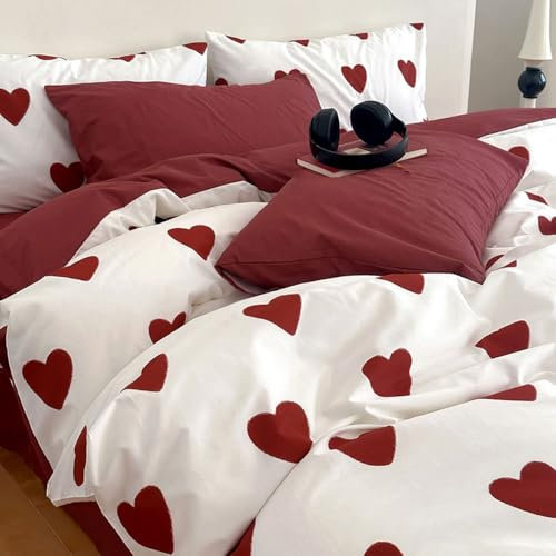 Nyescasa Housse de Couette 200x200 Cœur Rouge et Blanc Romantique Réversible Parure de lit Adulte 2 Personnes en Microfibre Set de Housse de Couette avec Fermeture Éclair et 2 Taies d'oreiller 65x65cm