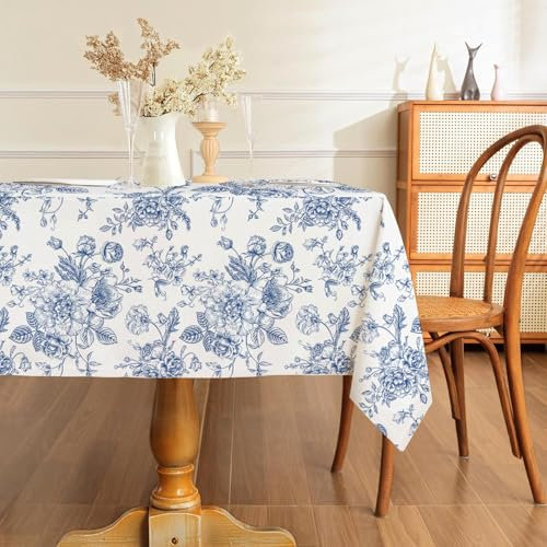 AIBIIN 142x213cm Blue Floral Tablecloth Rustic flowers Rectangle Table Cover Washable Waterproof Wrinkle Resistant Table Cloths for Restaurants Picnics Outdoor Dining Wedding