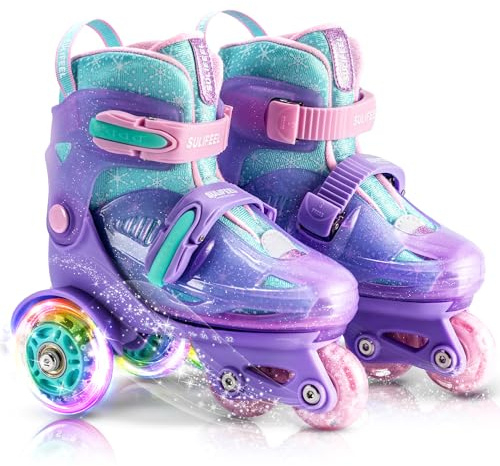 SULIFEEL Patins à roulettes réglables pour filles et garçons, avec roues LED lumineuses et système à trois points pour un meilleur équilibre, parfaits pour les débutants en patinage intérieur