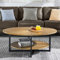 Massivholz Couchtisch rund für 2 Etagen, Ovaler Couchtisch im Modern-vintage Stil, Massivholzplatte & Kreuzförmige Eisenbeine, Kaffeetisch, Wohnzimmertisch, 110 x 66 x 45.5 cm, einfache Montage