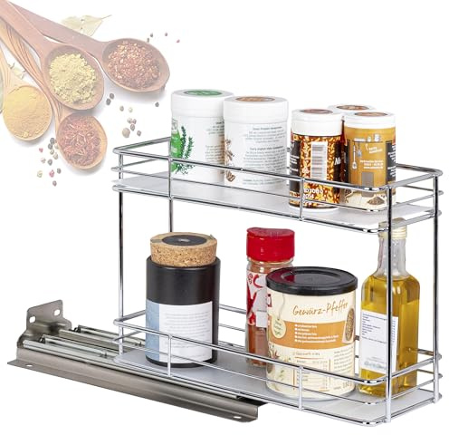 ONVAYA® Gewürzregal ausziehbar | Doppelkorb | Gewürzständer aus Edelstahl | Schrankeinsatz für die Küche | Regal Organizer | Teleskop-Gewürzregal für Schränke und Schubladen