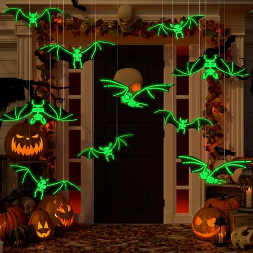 XIMISHOP 12 Stück Halloween Fledermaus Deko Leuchtend Hängende,Wasserdichtes Plastik-Fledermäuse Horror Outdoor Deko Für Halloween Hof Rasen Veranda