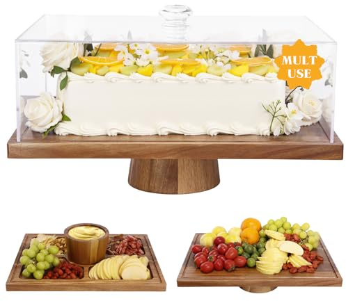 Tortenständer aus Akazienholz mit Deckel, Multifunktional Tortenplatte mit Fuß, Servierbrett und Dessertdisplay, Bruchsichere Acryl-Kuchenkuppelabdeckung, Charcuterieplatte für Käse, Obst- 43cm