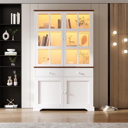 KecDuey 120 x 36.5 x 200cm Glasvitrine,Hochschrank,Standvitrine mit 2 Schubladen 4 Schranktüren, Hochschrank,Vitrine mit LED, Wohnzimmerschrank 120 cm breit, Multifunktionsschrank, Großer Schrank