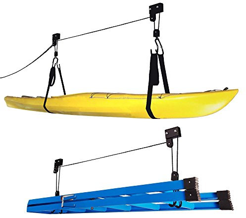 RAD Sportz Kajakzug-Set - Überkopf-Riemenscheiben-System mit 56,7 kg Kapazität für Kajaks, Kanu, Fahrräder oder Leiteraufbewahrung (2 Stück), schwarz