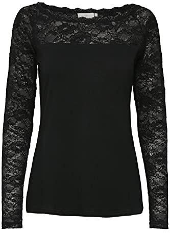 KAFFE Damen Langarm-Shirt Lacy Damen Bluse Top Spitze Oberteil Langarm Slim Fit Spitzenbluse Lange Ärmel
