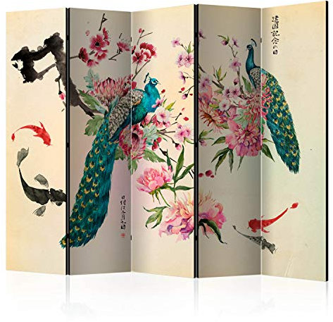murando Raumteiler Foto Paravent Orient Japan Asia 225x172 cm beidseitig auf Vlies-Leinwand bedruckt Trennwand Spanische Wand Sichtschutz Raumtrenner Home Office Blumen Zen Pfau p-C-0002-z-c