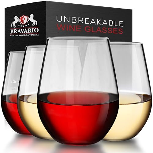 Bravario Unbreakable Stemless Plastic Wine Glasses | Shatterproof 100% Tritan | Dishwasher-Safe | BPA-free | Awesome for Indoor Outdoor | 20 oz, Set of 4