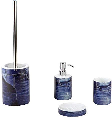 Sanwood Jeans-Serie 4tlg. Seifenspender Mundspülbecher Seifenschale WC-Bürstengarnitur