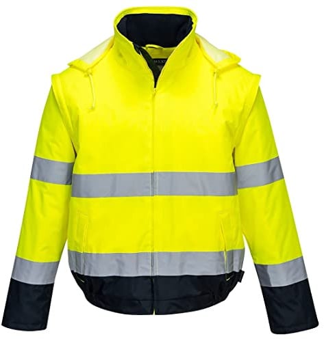 Portwest C464 Essential 2-in-1-Jacke Abnehmbare Ärmel 3 Taschen Stehkragen | Gelb/Marine, S, EN ISO 20471 Klasse 3, EN 342, Polyester Wasserdicht Reflektierend, Fleece-Gefütterter Kragen, Langarm