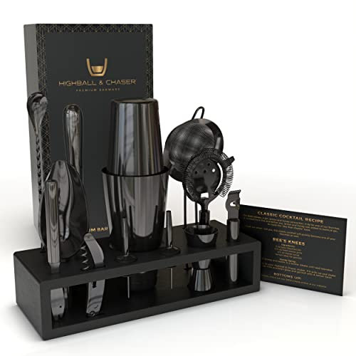 Highball & Chaser 13-Piece Gunmetal Black Stainless Steel Boston Cocktail Shaker Bar Tool Set with Mixology Bartender Kit Accessories