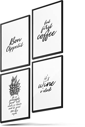 BLCKART Premium Küchen Poster Bilder Set Stilvolle Küche Wandbilder mit Sprüchen Esszimmer Poster Deko (Wine Coffee & Pineapple, A4 (ohne Rahmen))