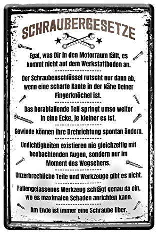 Blechschild Schraubergesetze - Metallschild Werkstatt Zubehör Dekoration - Retro Deko Schild Arbeit Betrieb Firma Garage Lager Kfz Motorrad Tuning Autowerkstatt - Geschenk KFZ Mechaniker - 20x30cm