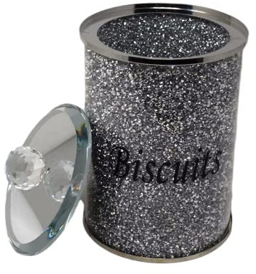 Amazing Gift Crushed Diamond Biscuit Canister Jar Tin Kitchen Storage Silver Trimmings Crystal Filled