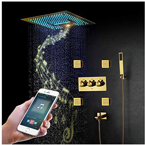 Shower Set Système de Douche 64 Couleurs LED Titane Or Ensemble de Douche La Musique Colonne de Douche avec 16 Pouces Tête de Douche, Douchette à Mains, Buse de Massage,Remote Control