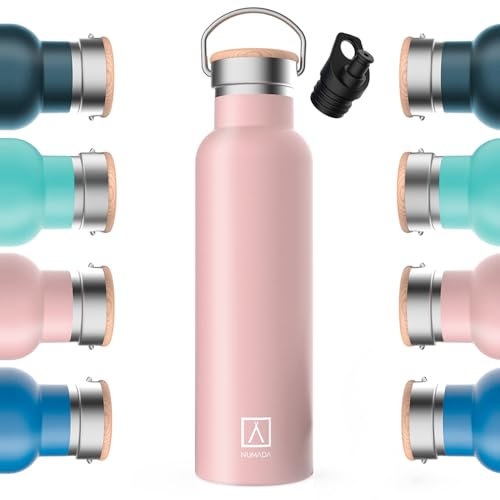 NUMADA-Botella Térmica Acero Inox 600ml Rosa Estanca con Doble Pared al Vacío y Recubrimiento Cerámico. Mantiene Frío 24H y Calor 12H|Boca Ancha|Libre BPA|Incluye 2 Tapones (1 Sport)/Bolsa Transporte
