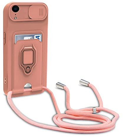 yanasuo Schiebe Kameraschutz Silikon Handykette Hülle kompatibel mit iPhone XR, Metall Ring Halter Handy Cover,Verstellbarer Halskette Handyhülle-Pink