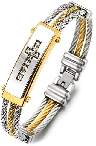 COOLSTEELANDBEYOND Uomo Acciaio Zirconi Croce ID Identificazione Tre File Cavo Intrecciato Bracciale Braccialetto, Argento Oro