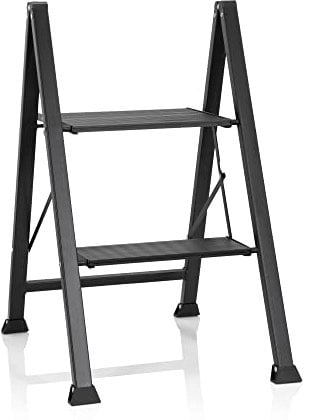 hjh OFFICE 801204 Klapptritt 2 Stufen SOLID W5 Stahl Trittleiter, bis 150 kg belastbar, Tritt klappbar, Schwarz