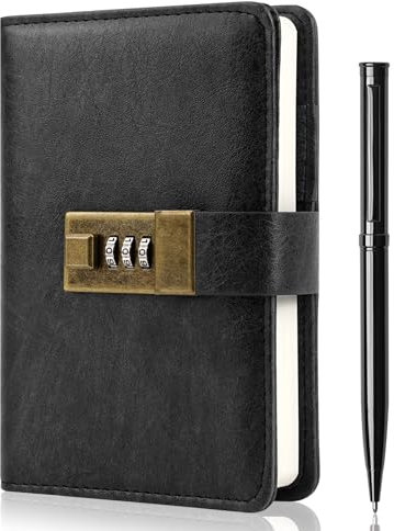 WEMATE Tagebuch mit Schloss, A6 PU Leder Tagebuch mit Schloss 192 Seiten, Lock Journal Passwort Notizbuch mit Stift & Geschenkbox, Schloss Tagebuch Planer Organizer für Männer und Frauen