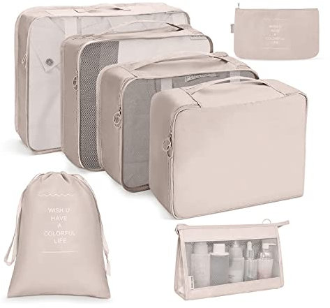 OSDUE Koffer Organizer Set 7-teilig, Packing Cubes, Wasserdichte Reise Kleidertaschen, Packtaschen für koffer, Verpackungswürfel mit Waschbeutel, USB Kabel Tasche (Beige)