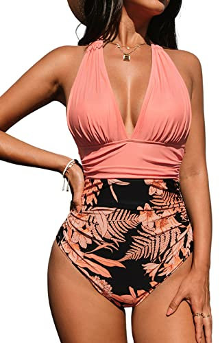 CUPSHE Maillot De Bain Une Pièce pour Femme Col V Licou Dos Nu Froncé Amincissant Contrôle Ventre Vintage Swimsuit Rose Corail S