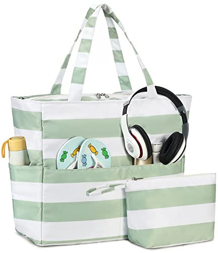 LOIDOU Große Strandtasche Damen Tote Bag mit Reißverschluss taschen Wasserdichte Sanddichte Pool Taschen Gym Schwimmbad mit nassem Fach Reise Carry On Frauen (Grün)