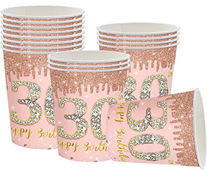 YAAVAAW Happy Birthday Paper Cups Rose Gold, 16Pcs Womens Party Cups, Decorations for Lady's 30th Birthday Party Supplies
