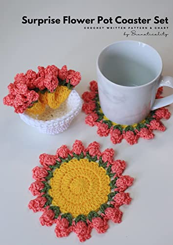 Surprise Flower Pot Coaster Set - Crochet Written Pattern and Chart, Step-by-Step Instructions, Crochet, Brunaticality