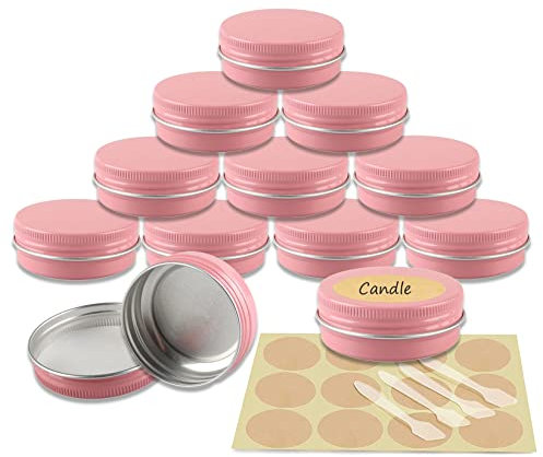 YANCAER 24 Pack 30ml - D52mm x H21mm Pink Screw Top Aluminum Tin Jars Round with Screw Lid and Blank Labels, Cosmetics Pots Containers for DIY Candle, Crafts, Lip Balms, Salves, Travel